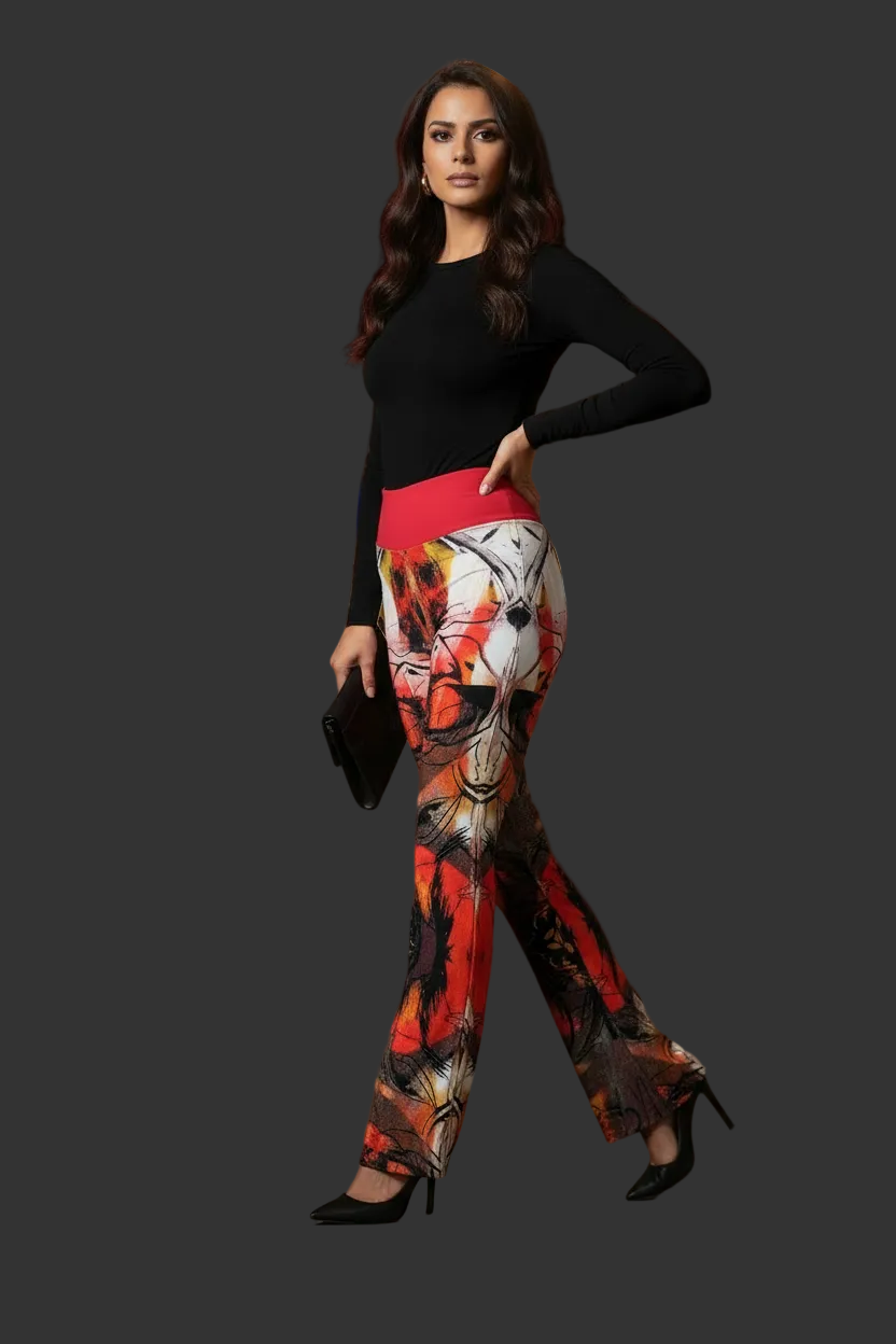 Red Abstract Floral Flare Leggings: High Waist Trousers