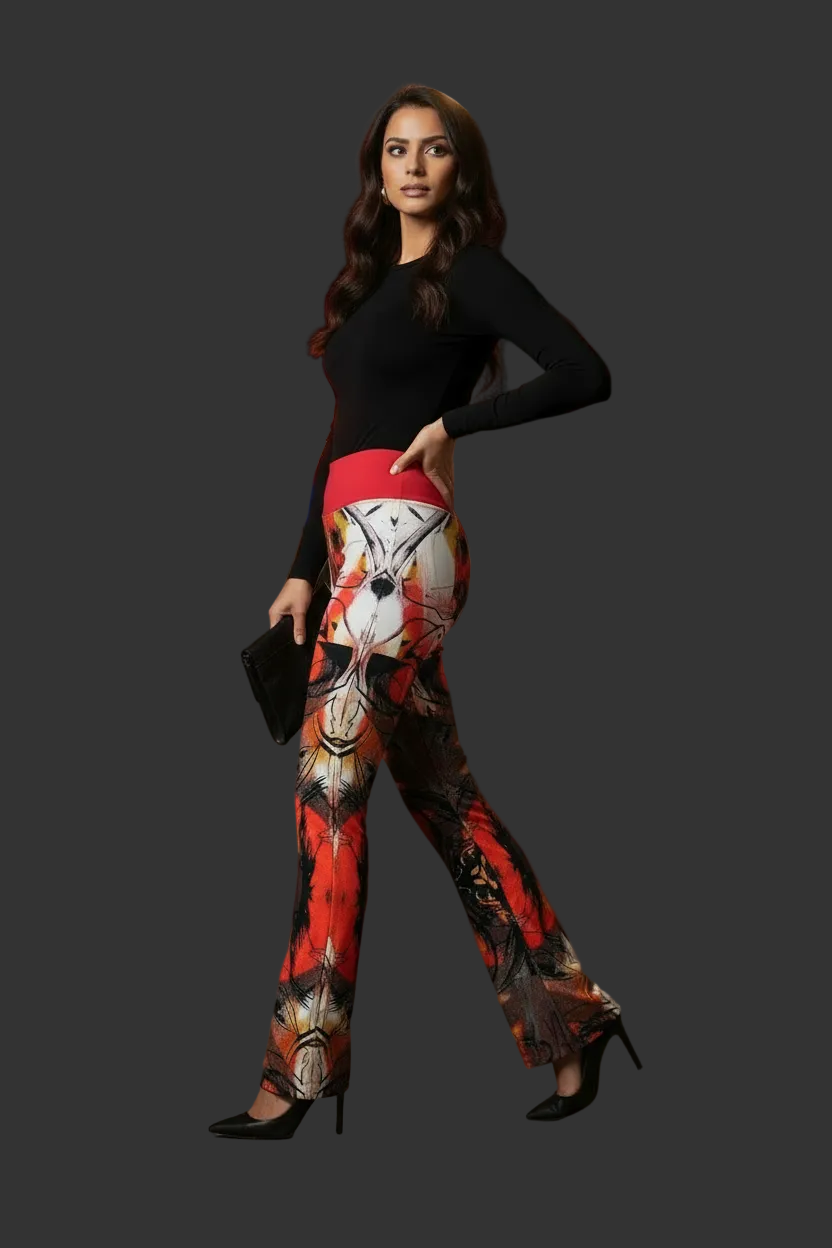Red Abstract Floral Flare Leggings: High Waist Trousers