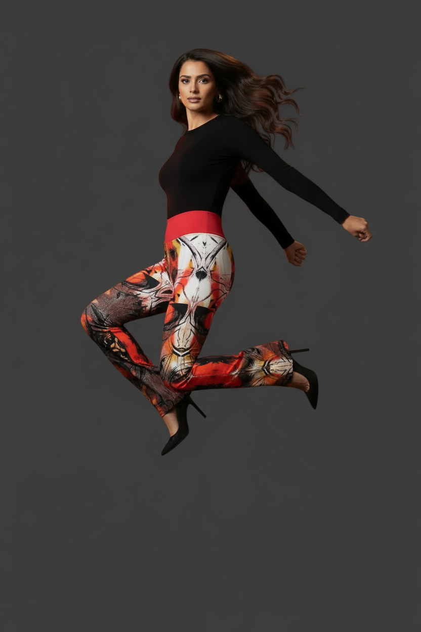 Red Abstract Floral Flare Leggings: High Waist Trousers