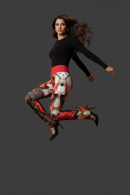 Red Abstract Floral Flare Leggings: High Waist Trousers