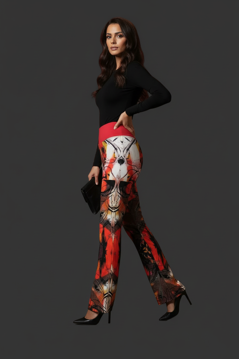 Red Abstract Floral Flare Leggings: High Waist Trousers