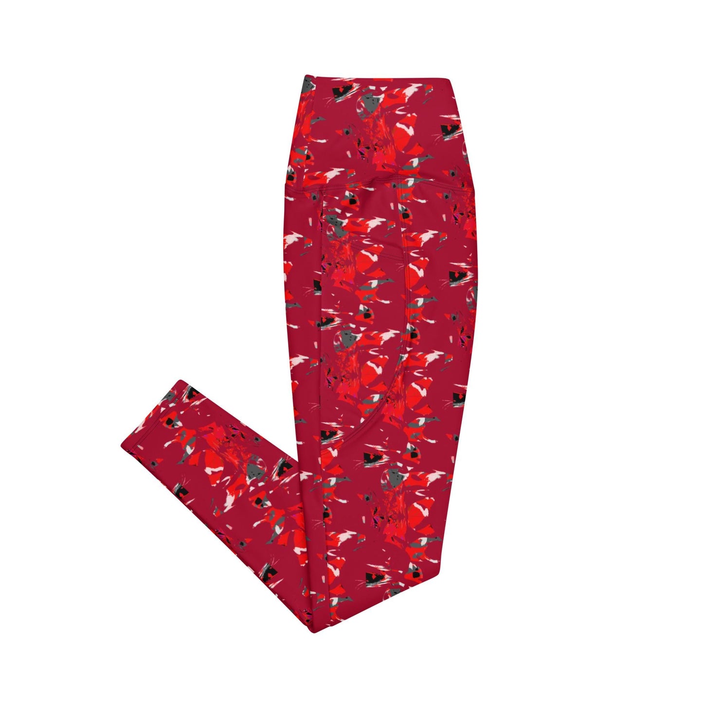 Red Abstract Pocket Leggings, High-Waisted Compression
