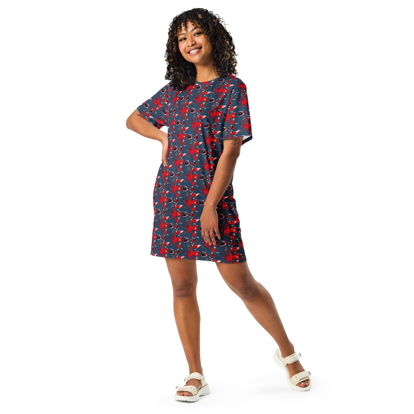 Blue Floral T-Shirt Dress: Red Abstract Print, Soft Cotton Blend