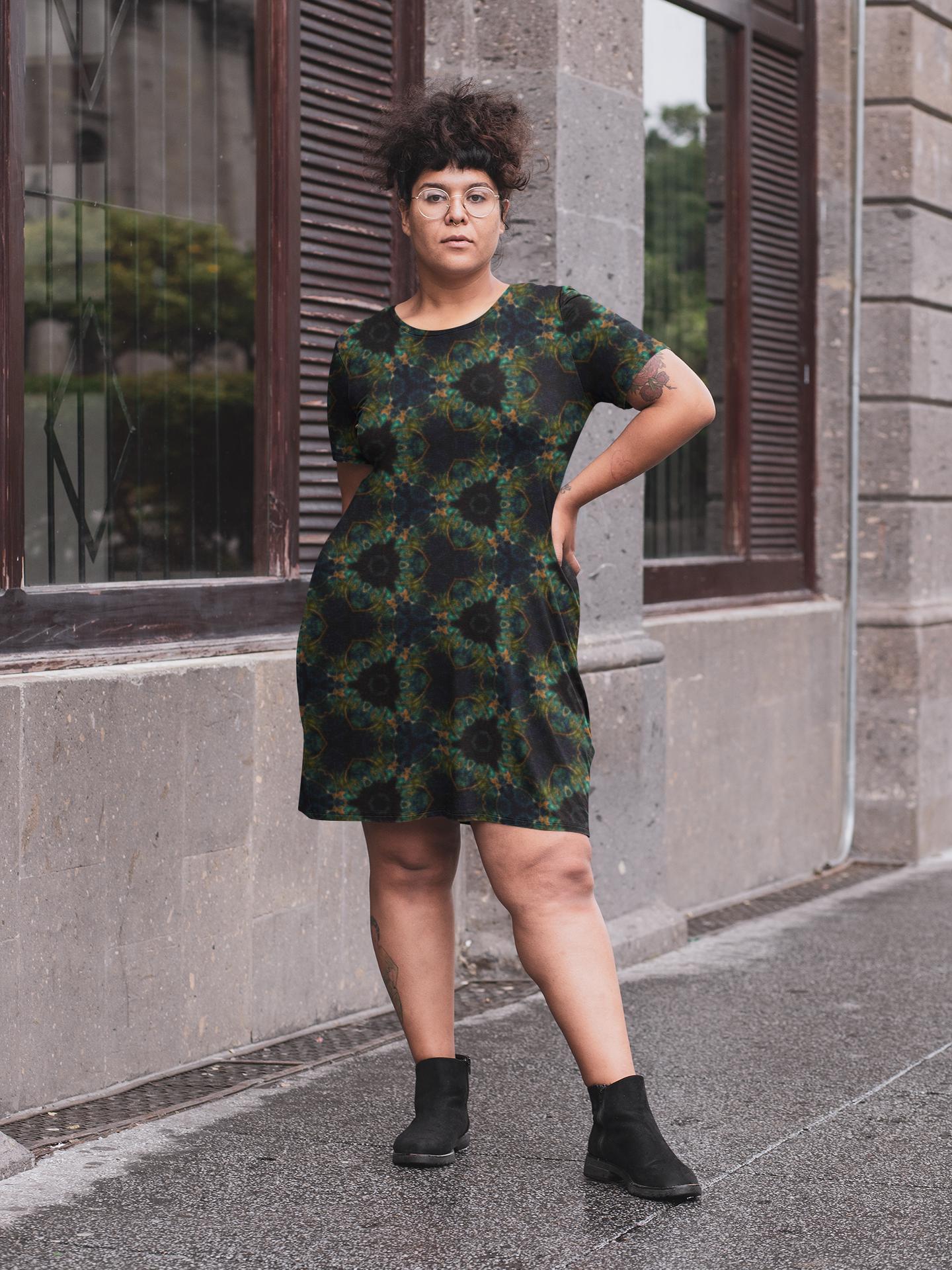 Geometric T-Shirt Dress: Midnight Bloom Oversized Spandex Blend