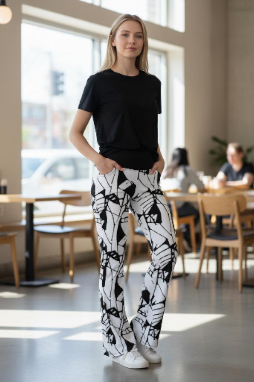 Bold Abstract Graphic Print Flare Leggings | Black & White High Waisted Trousers