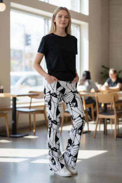Bold Abstract Graphic Print Flare Leggings | Black & White High Waisted Trousers