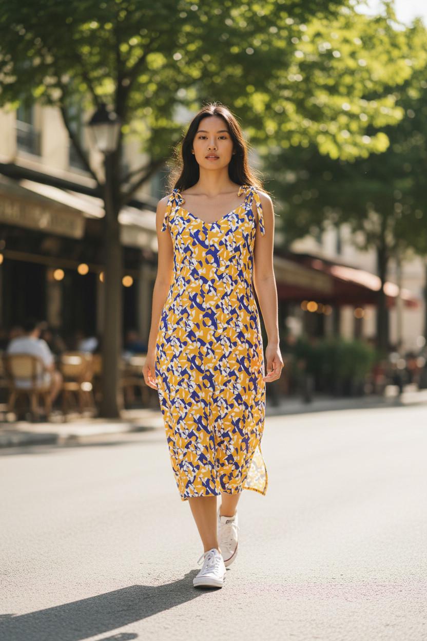 Tie-Strap Sunset Bloom Holiday Slip Midi Dress