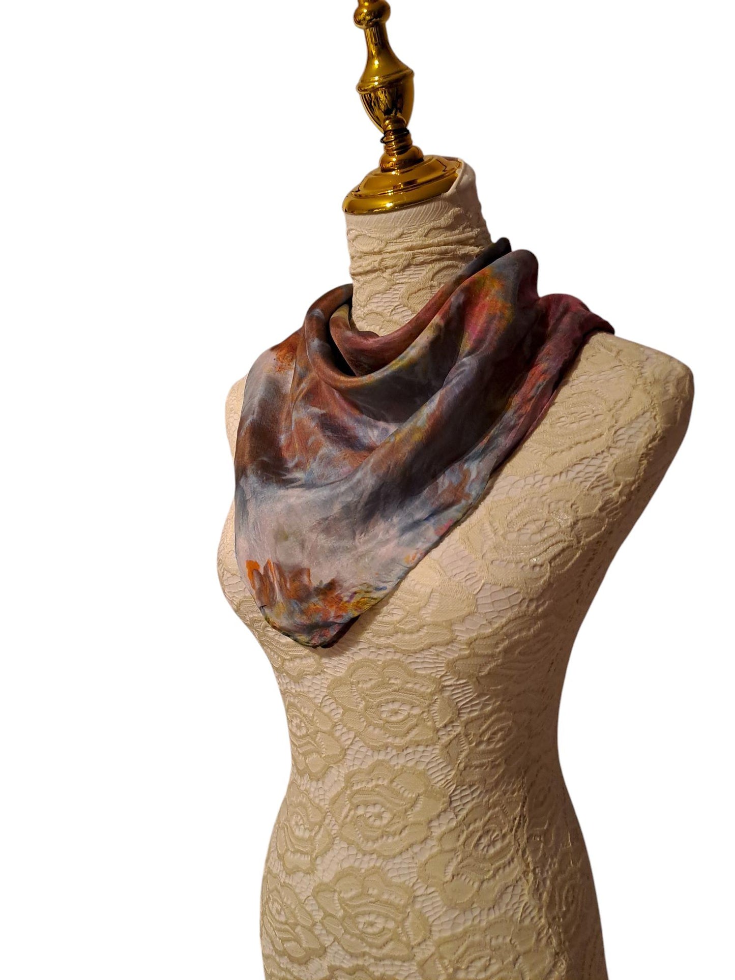 Ice-Dyed Silk Scarf: Handcrafted Bronze and Blue Luxury Accessory