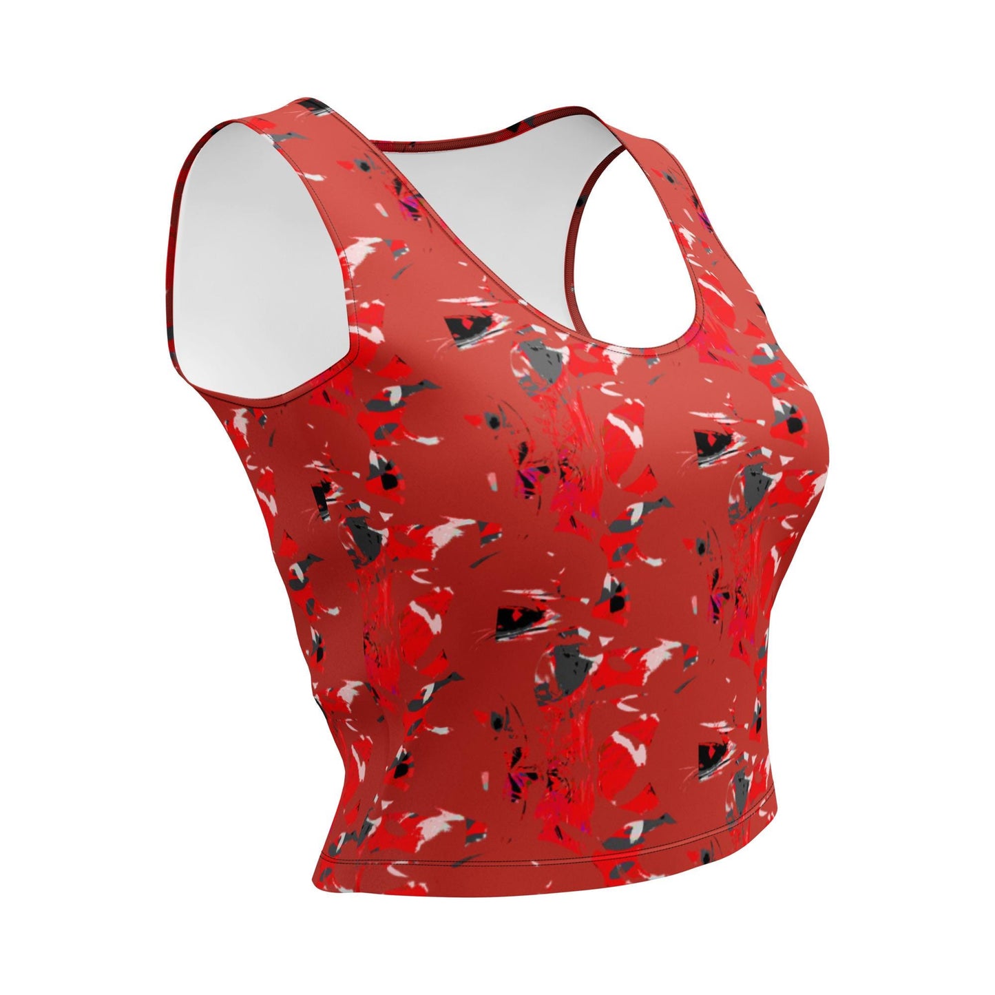 Abstract Print Crop Top: Red, Black, Modern Art Style