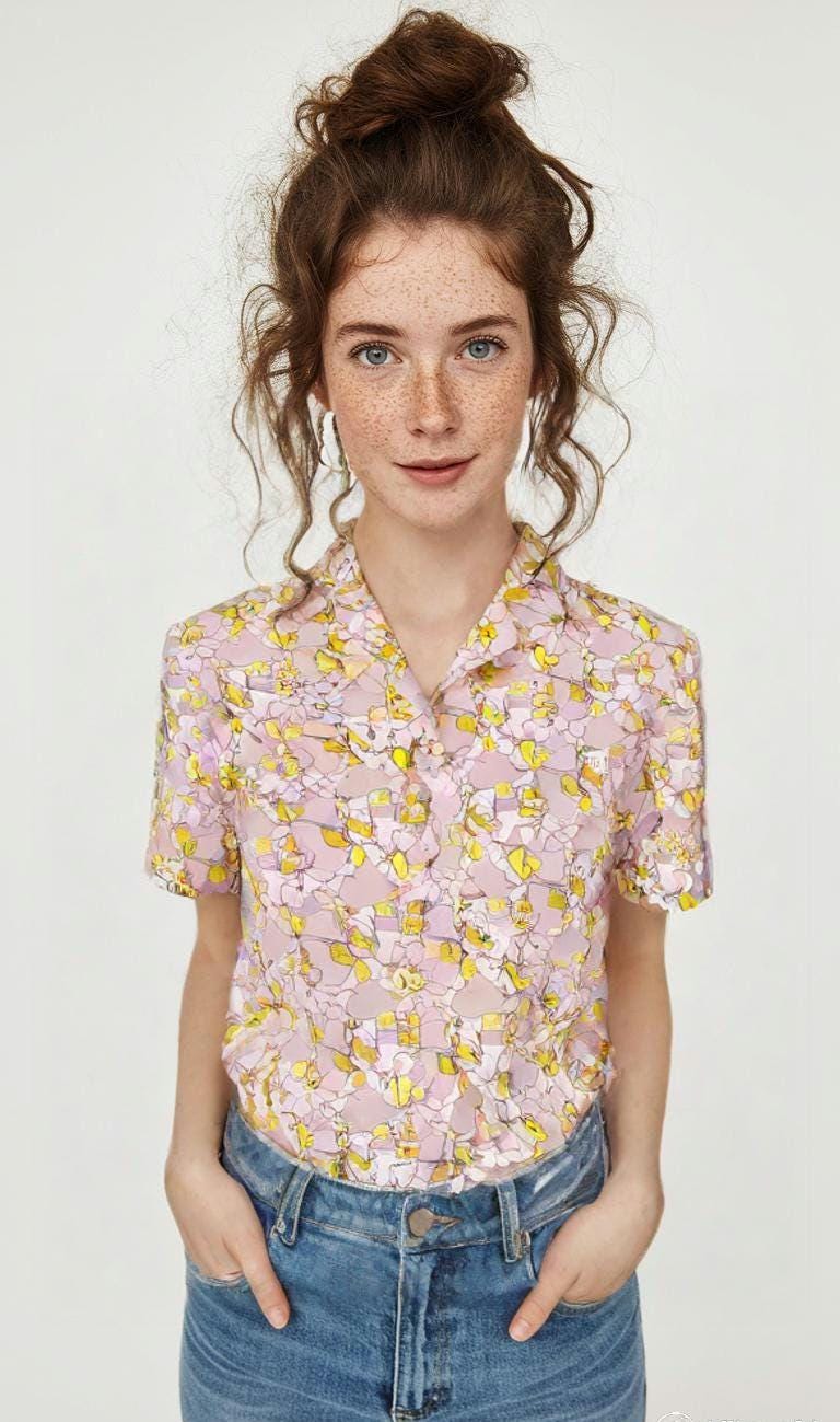 Vintage Pink Floral Button-Up Blouse: Retro Spring Shirt