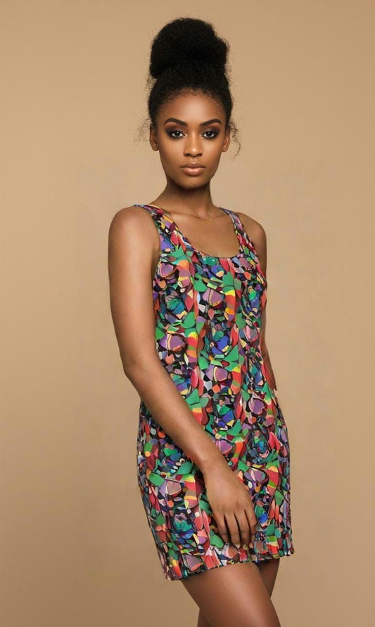 Bodycon dress-Colourful Abstract Pattern Sleeveless Mini Dress - Chic Summer Style