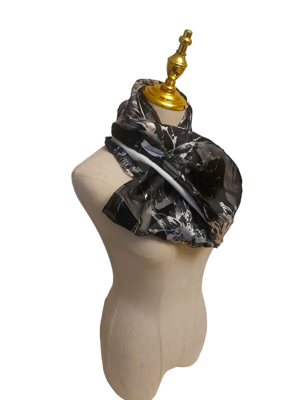 Floral Silver and Black Infinity Scarf: Sheered Jersey Scarf