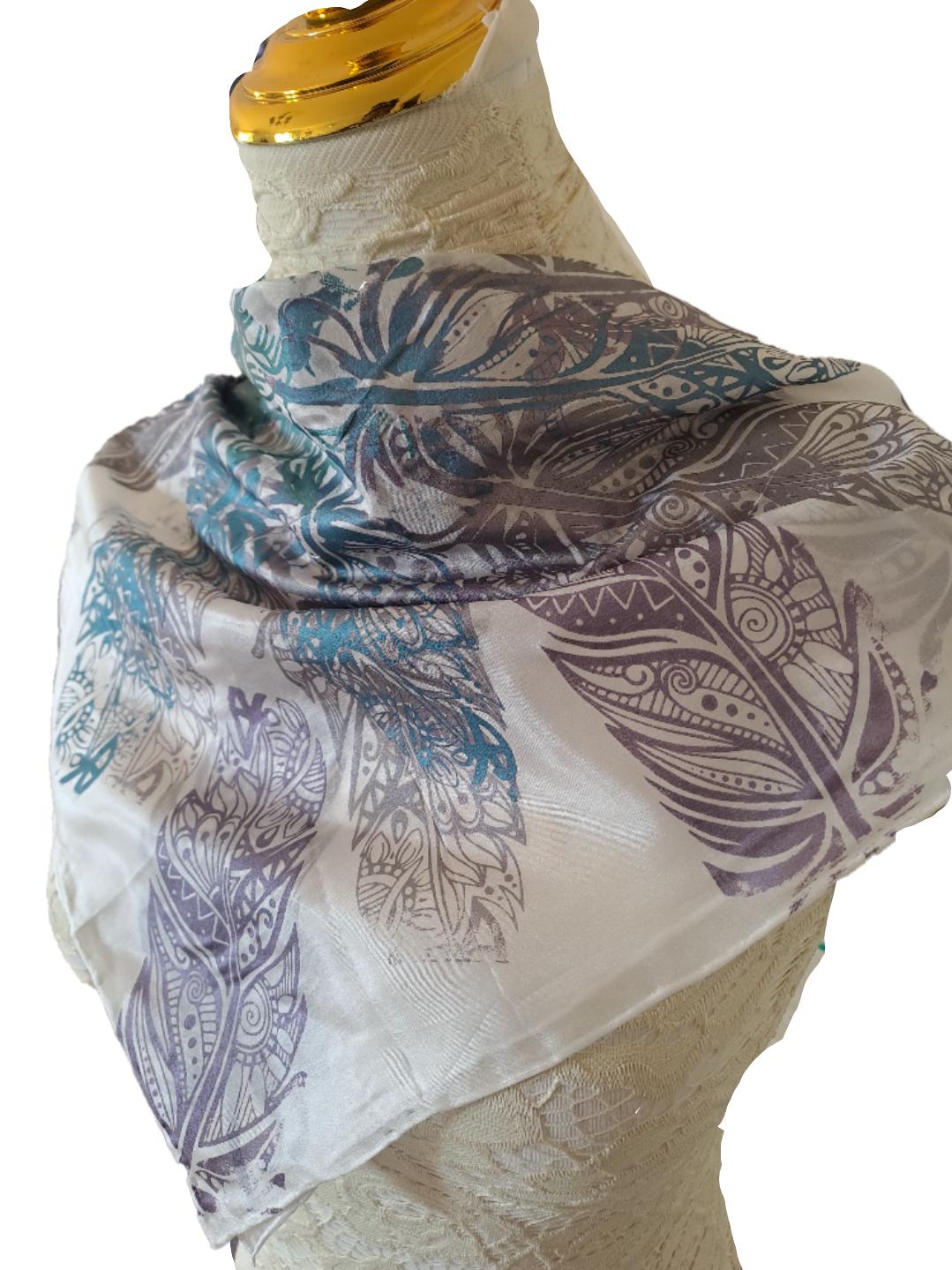 Handmade Silk Neckerchief: Silver & White Peacock Feather Scarf