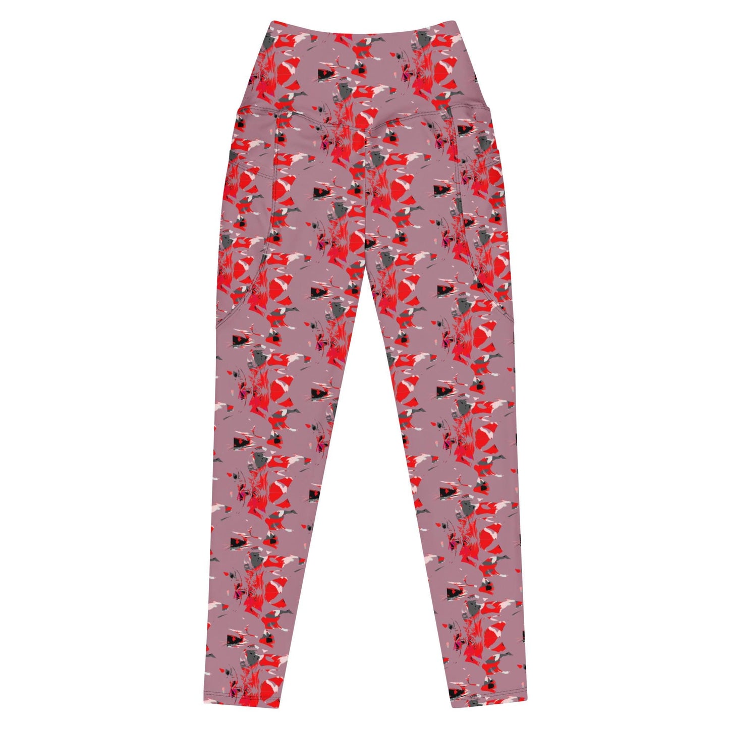 Floral Print Pocket Leggings – Casual Lavender Leggings with Red & Black Blossom Pattern