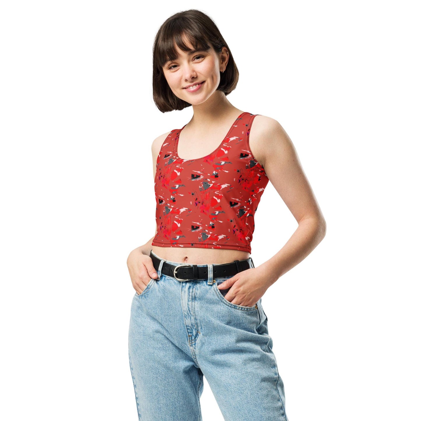 Abstract Print Crop Top: Red, Black, Modern Art Style
