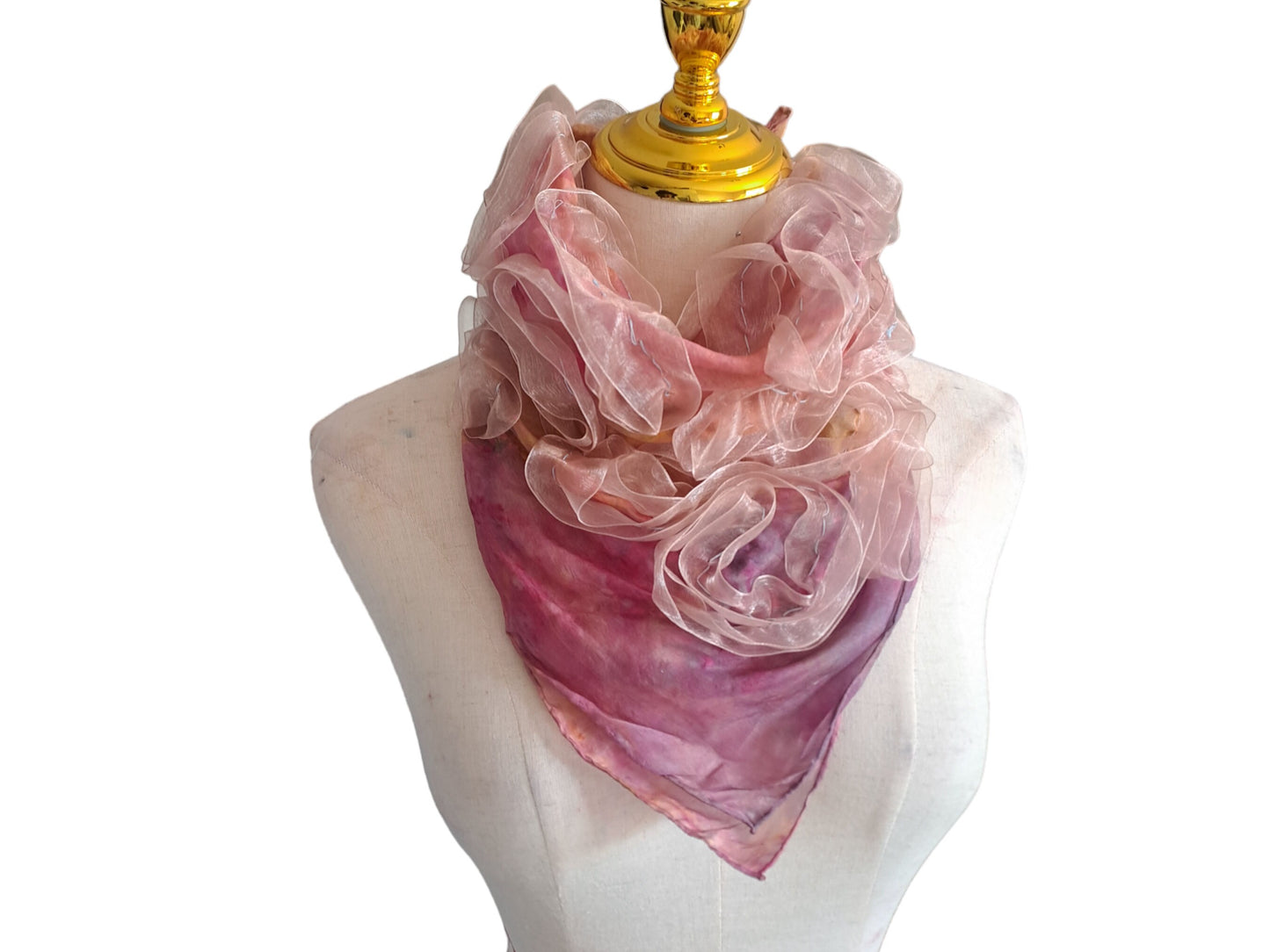 Pink Silk Scarf with Golden Ribbons, Snap Closure Neck Scarf