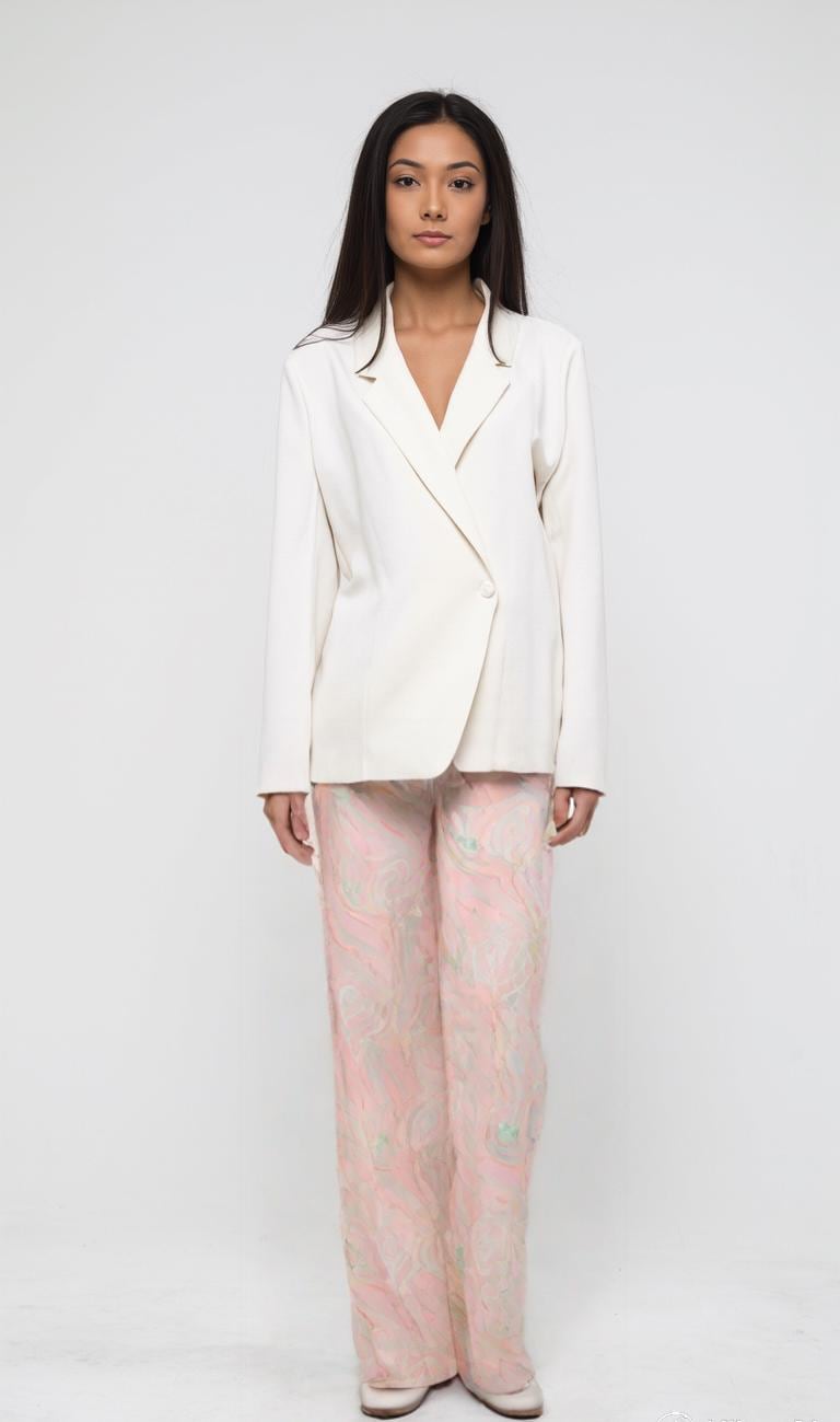 High Waisted Pastel Marble Trousers – Pink and Green Abstract Print Wide Leg Pants
