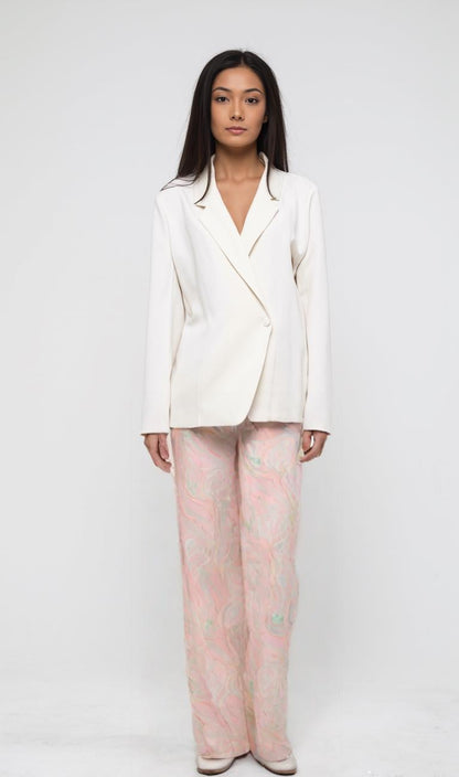 High Waisted Pastel Marble Trousers – Pink and Green Abstract Print Wide Leg Pants