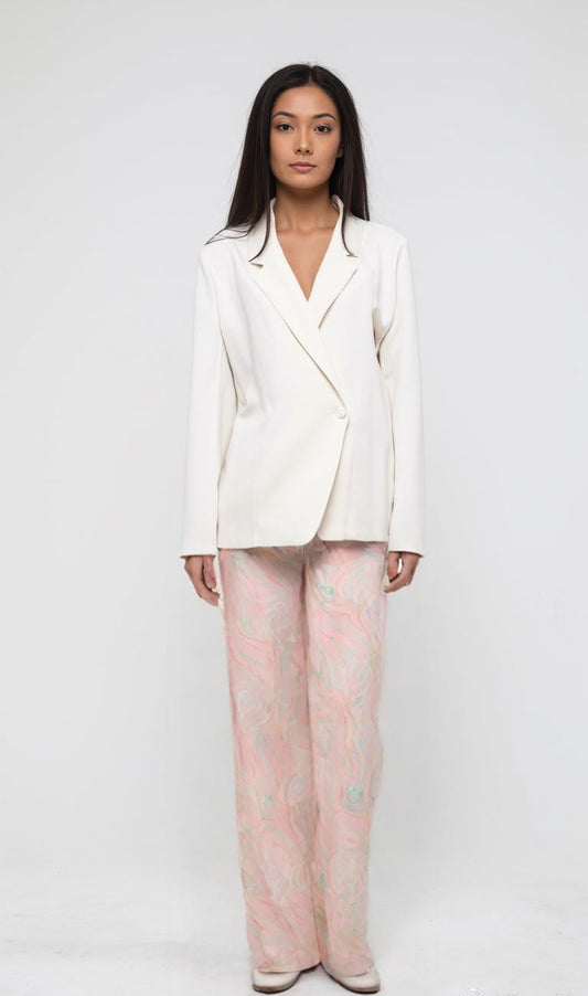 High Waisted Pastel Marble Trousers – Pink and Green Abstract Print Wide Leg Pants