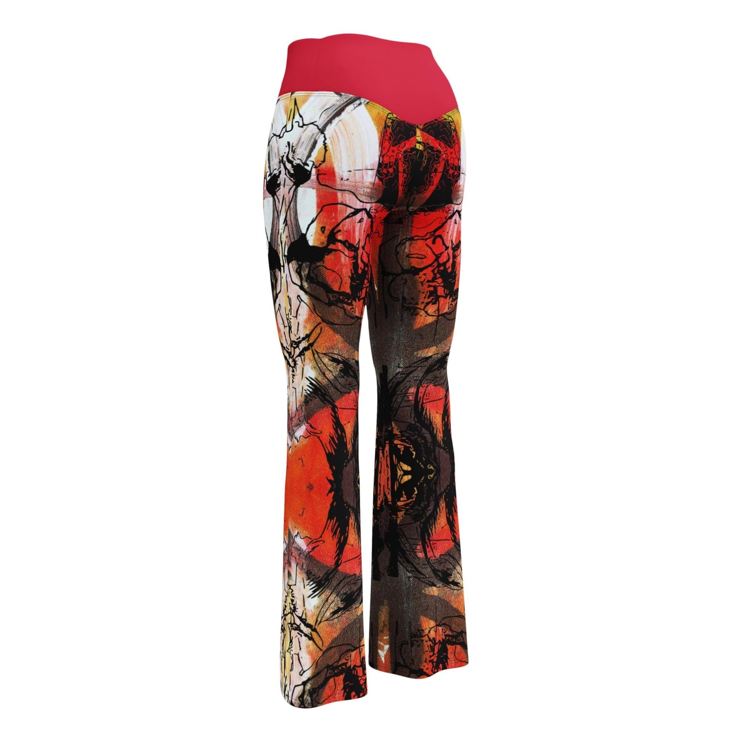 Red Abstract Floral Flare Leggings: High Waist Trousers