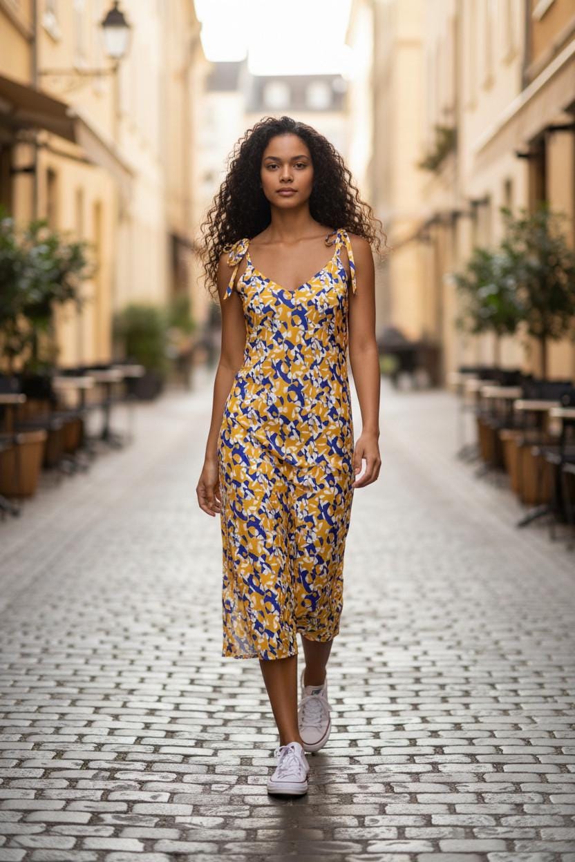Tie-Strap Sunset Bloom Holiday Slip Midi Dress