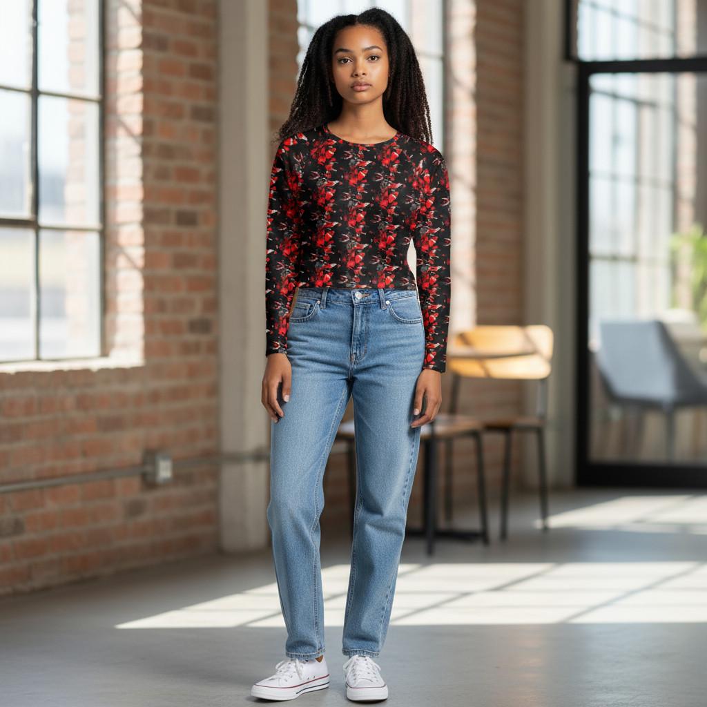 Recycled Abstract Crop Top: Vibrant Long Sleeve Streetwear
