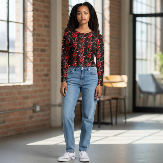 Recycled Abstract Crop Top: Vibrant Long Sleeve Streetwear