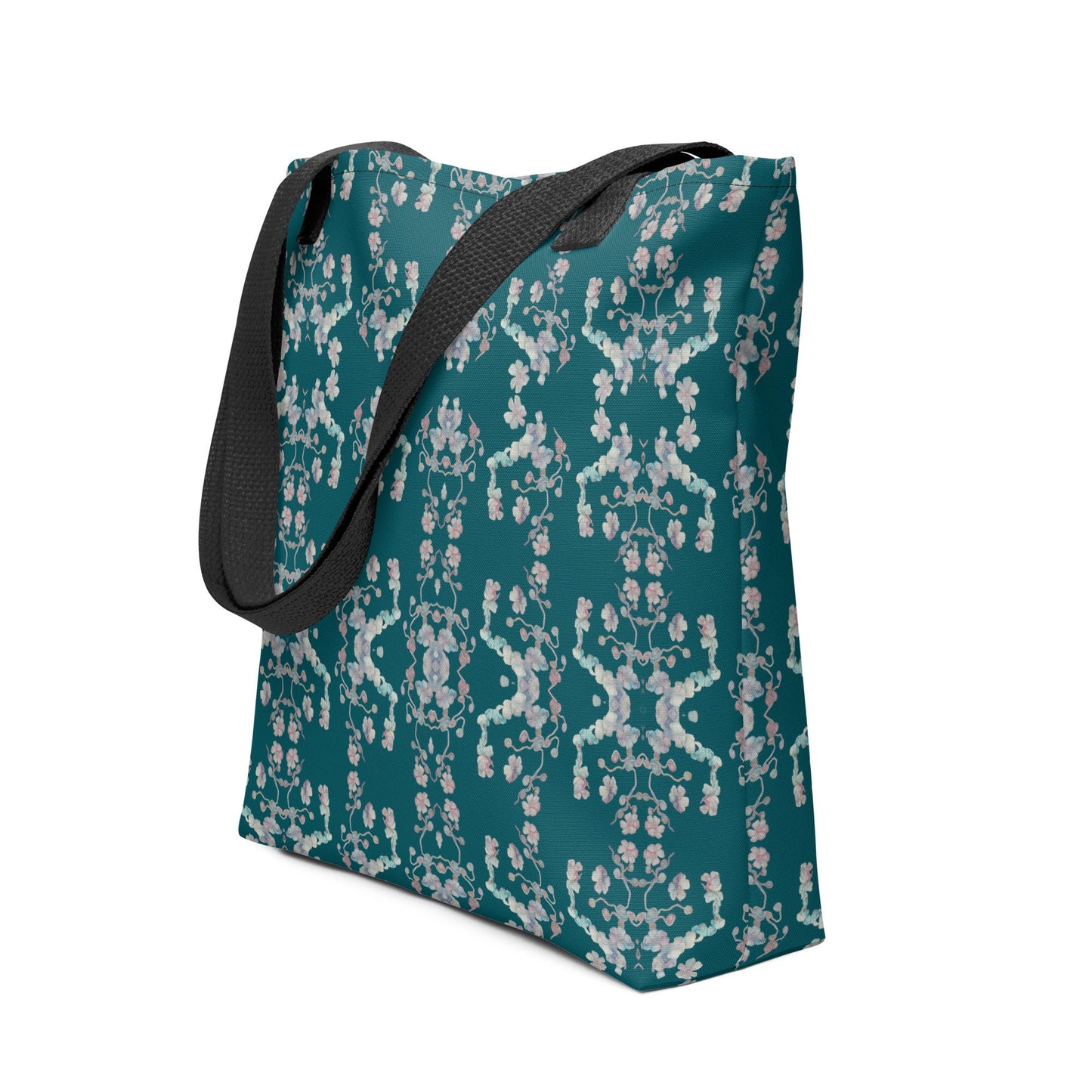 Floral Tote Bag: Green & White Print, Unisex Cotton Handles