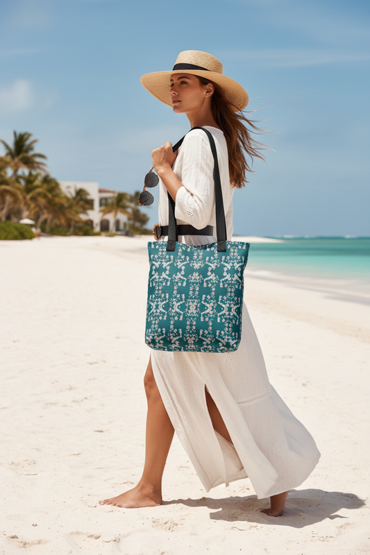 Floral Tote Bag: Green & White Print, Unisex Cotton Handles