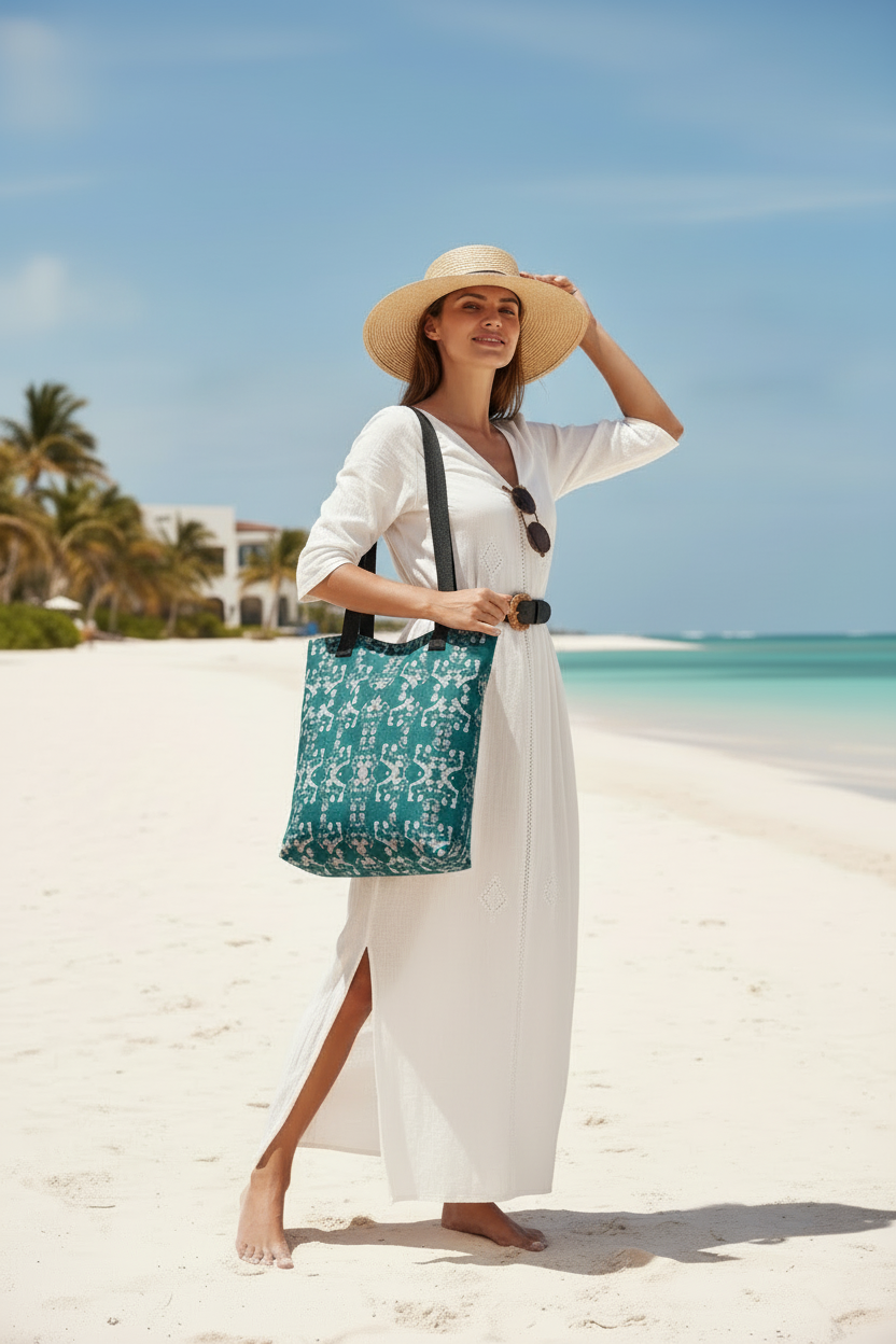 Floral Tote Bag: Green & White Print, Unisex Cotton Handles