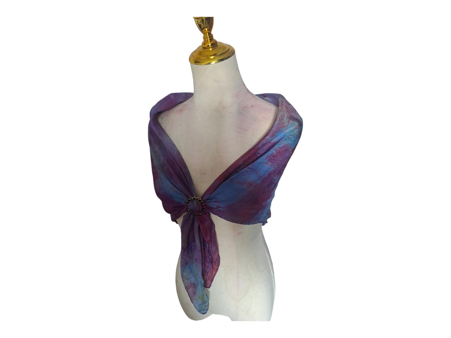 Hand-Dyed Silk Scarf with Brooch, Purple, Blue, Pink Watercolor