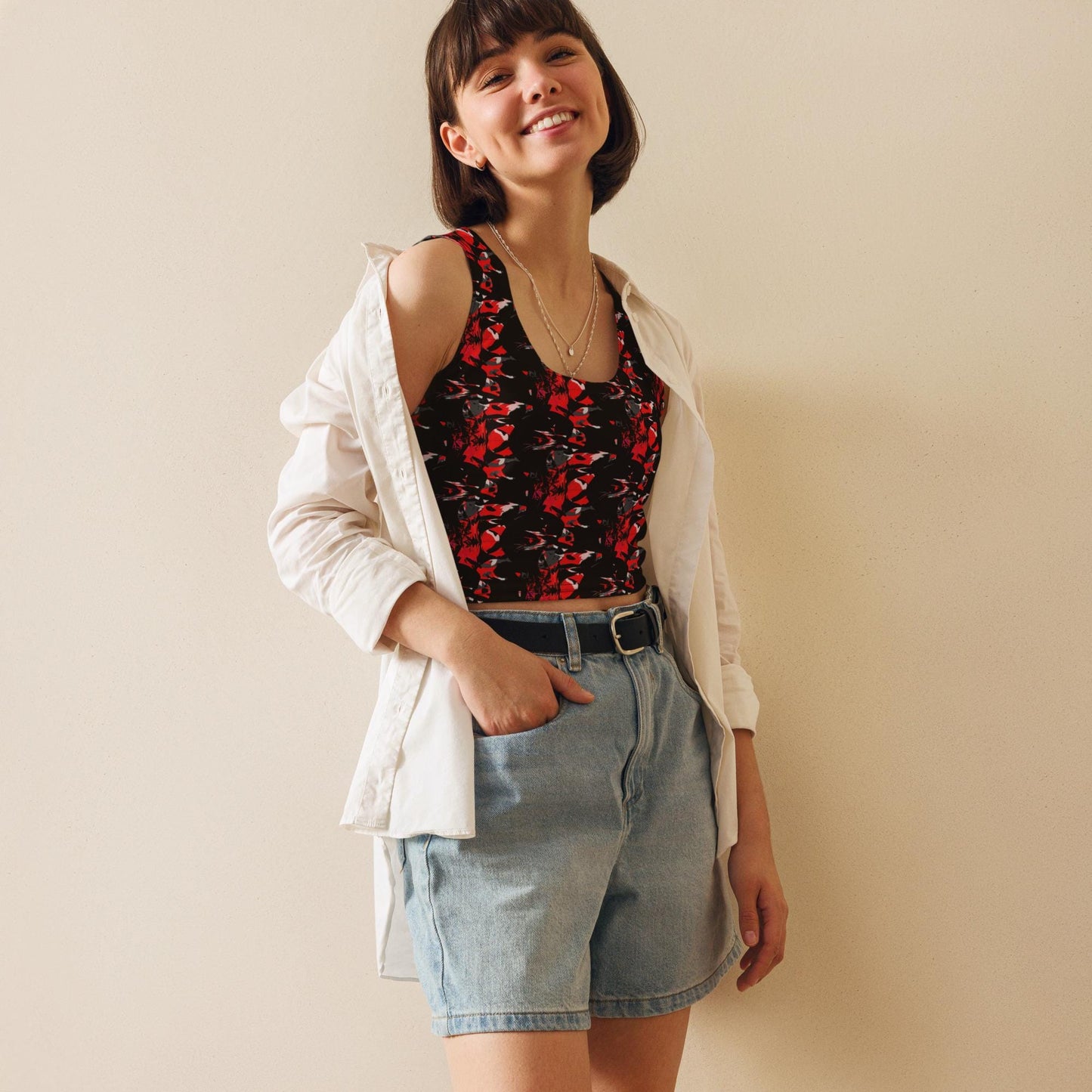 Floral Crop Top: Red & Black Abstract Sleeveless Tank