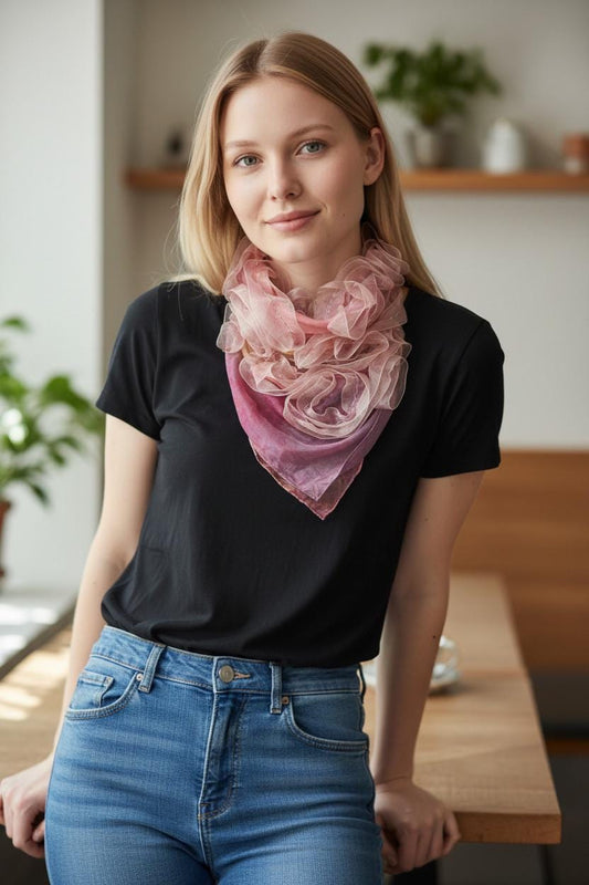 Pink Silk Scarf with Golden Ribbons, Snap Closure Neck Scarf
