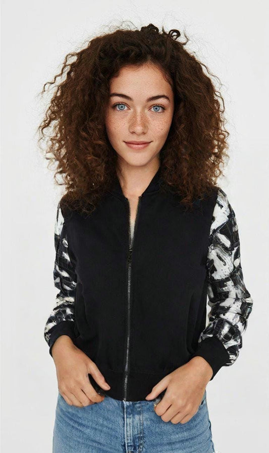 Abstract Patterned Bomber Jacket: Black & White Sleeve Design
