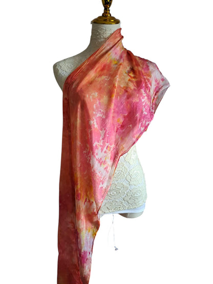 Pink and Gold Silk Scarf: Ice Dyed Handmade Shawl