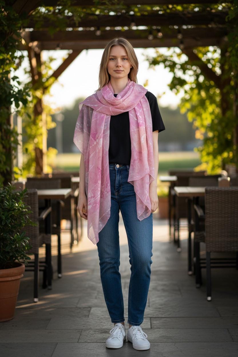 Handmade Pink & Gold Silk Scarf: Ice Dyed Batik