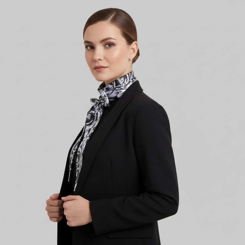 Silky Skinny Scarf: Abstract Blossom Print, Black and White Necktie