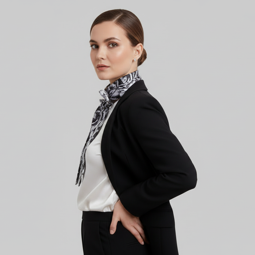 Silky Skinny Scarf: Abstract Blossom Print, Black and White Necktie