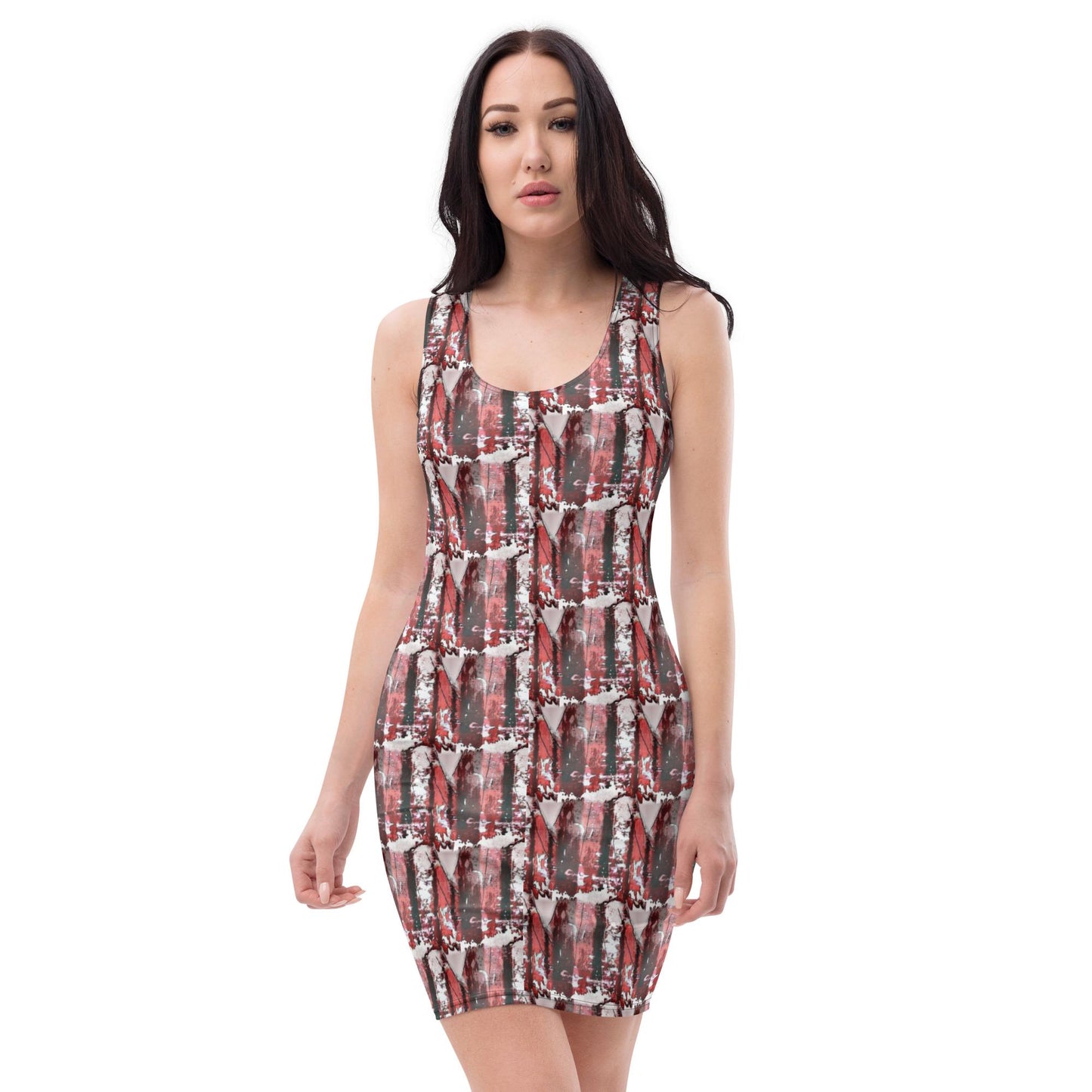 Red & White Abstract Bodycon Dress – Super Fitted, Elegant Yet Casual PartyDress. Date Night Outfit