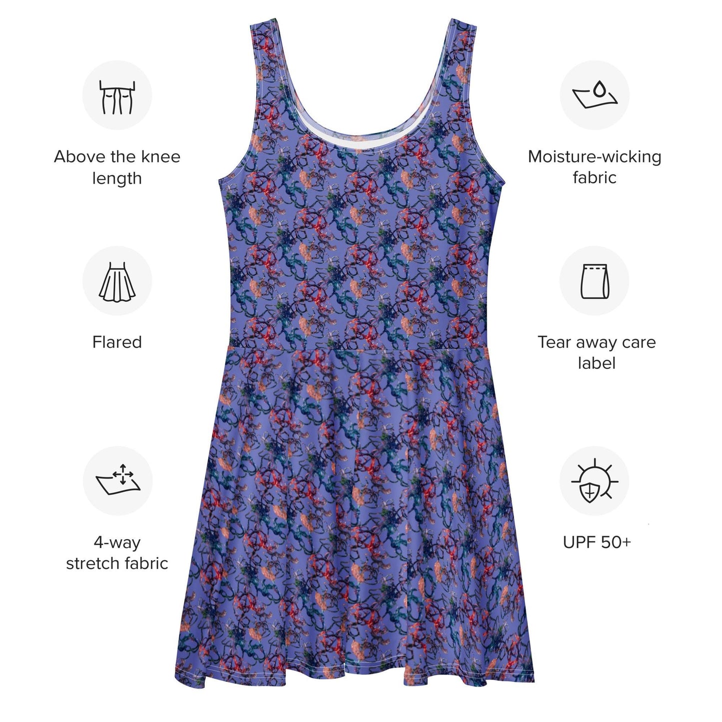 Abstract Lace Print Skater Dress: Elegant Purple Floaty Dress