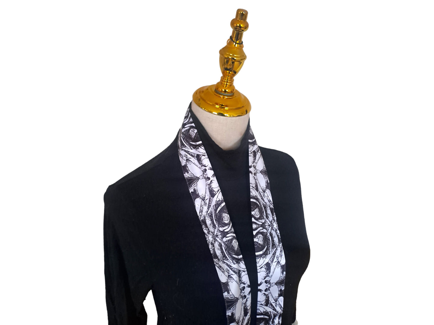 Silky Skinny Scarf: Abstract Blossom Print, Black and White Necktie