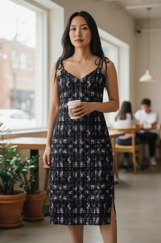 Black Floral Chiffon Midi Dress – womens gift & Holiday Outfit