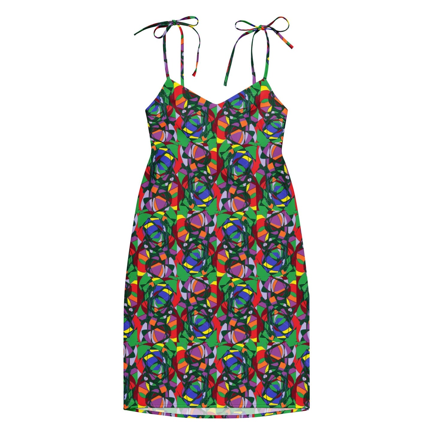 Tie-strap Vibrant Abstract Print Midi Dress | Colourful Sleeveless Summer Slip Dress | Artistic Boho Chic Sundress | Unique Women's