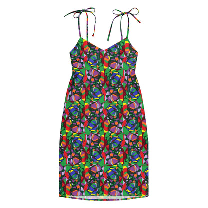 Tie-strap Vibrant Abstract Print Midi Dress | Colourful Sleeveless Summer Slip Dress | Artistic Boho Chic Sundress | Unique Women's