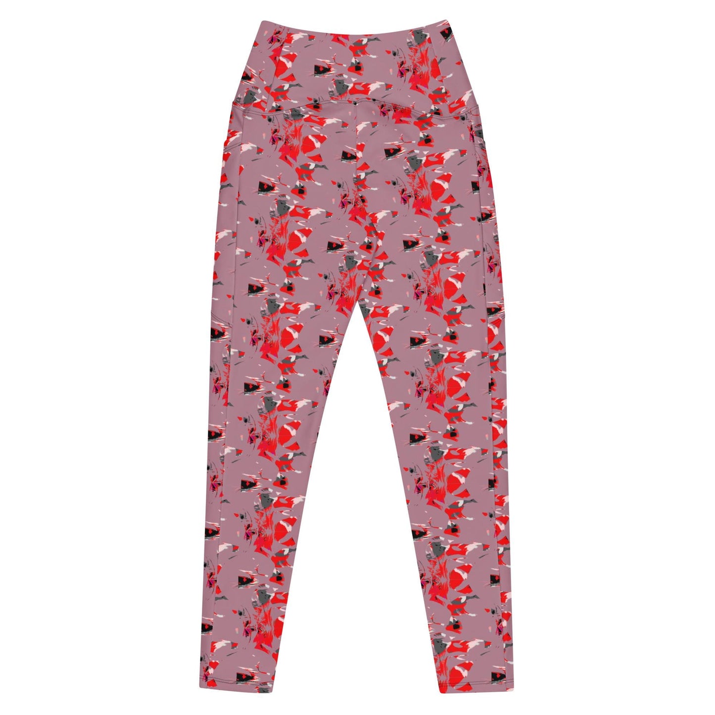Floral Print Pocket Leggings – Casual Lavender Leggings with Red & Black Blossom Pattern