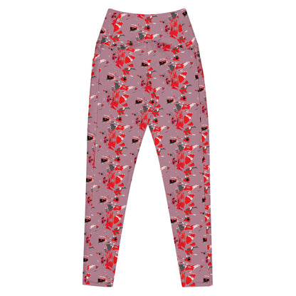 Floral Print Pocket Leggings – Casual Lavender Leggings with Red & Black Blossom Pattern
