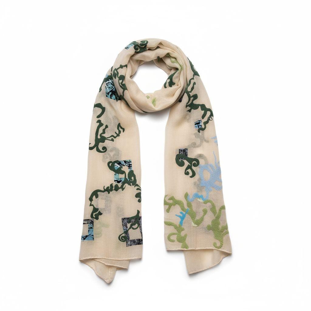 Boho Summer Shawl Wrap: Lightweight Beige Scarf with Puffy Swirls