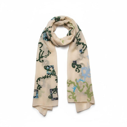 Boho Summer Shawl Wrap: Lightweight Beige Scarf with Puffy Swirls