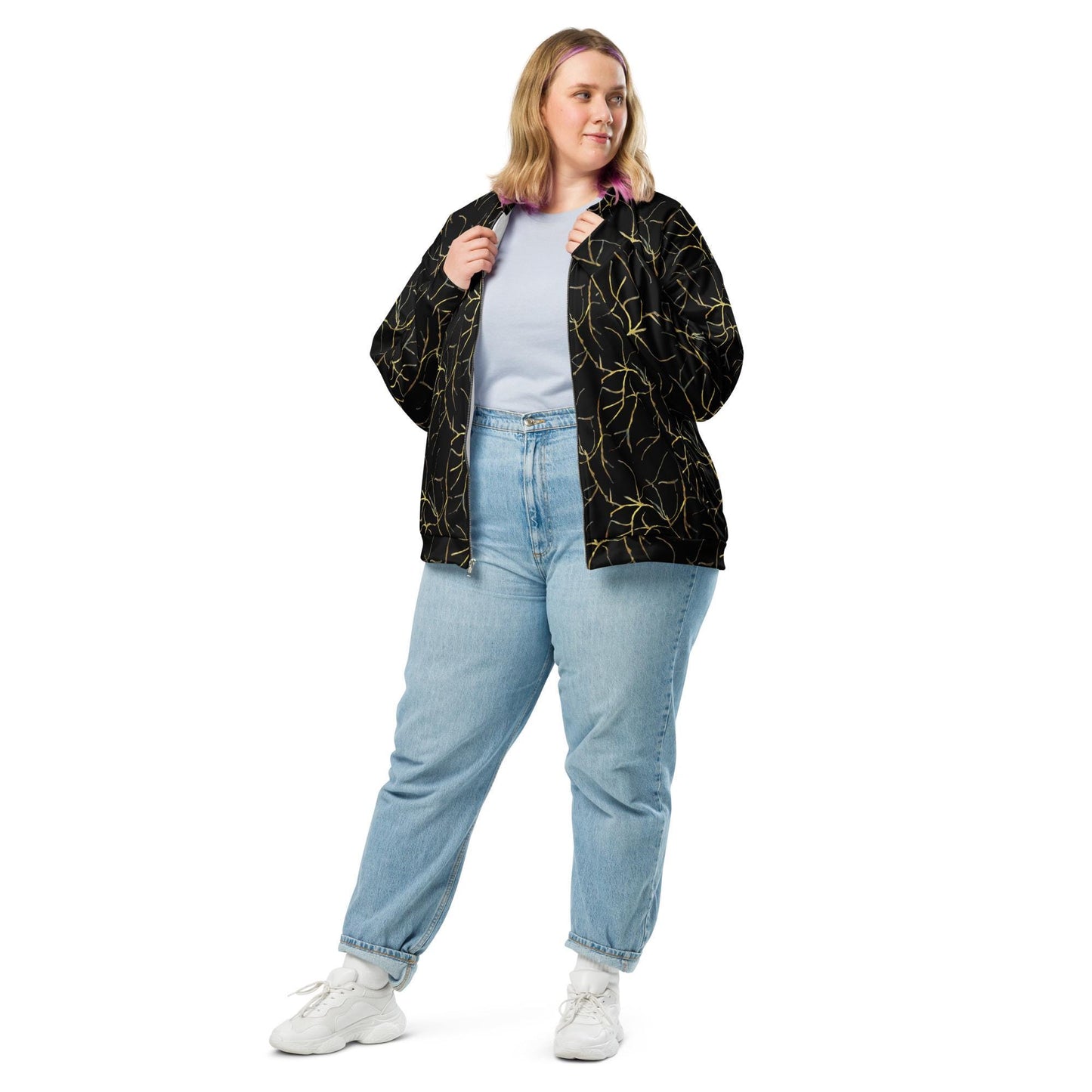 Black and Gold Bomber Jacket: Abstract Leaf Pattern, Lightweight Outerwear