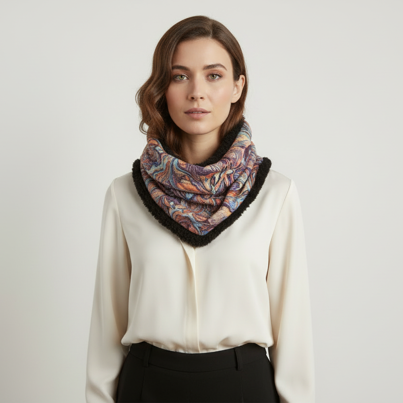 abstract  golden yellow winters scarf, elegant soft velvet scarf or snood. unisex gift for Christmas. luxurious velvet snood scarf